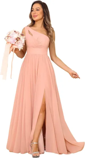 YOFF One Shoulder Bridesmaid Dresses with Slit Long A-line Pleated Chiffon Formal Party Dresses YO037