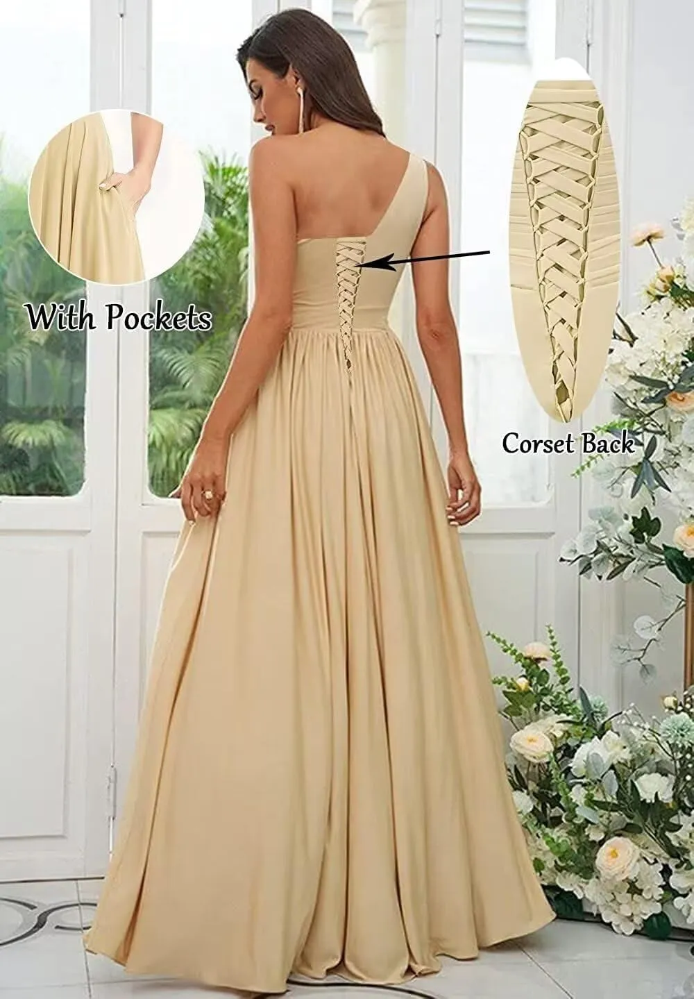 YOFF One Shoulder Bridesmaid Dresses with Slit Long A-line Pleated Chiffon Formal Party Dresses YO037