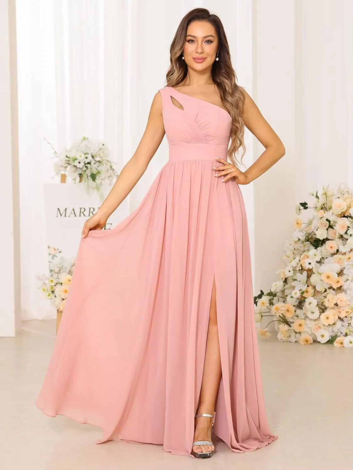 YOFF One Shoulder Bridesmaid Dresses with Slit Long A-line Pleated Chiffon Formal Party Dresses YO037