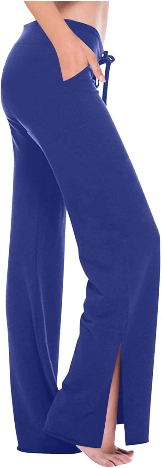 Yoga Pants for Women Summer High Waist Stretch Drawstring Side Slit Trouser Casual Fashion Loose Comfy Workout Pant