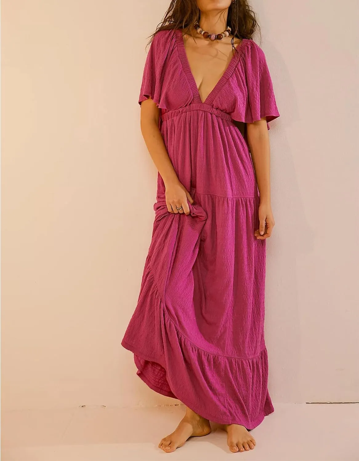 Yuemengxuan Women Summer Dresses Deep V-Neck Backless Maxi Dress Y2K Boho Dress Flowy Beach Vacation Sundresses