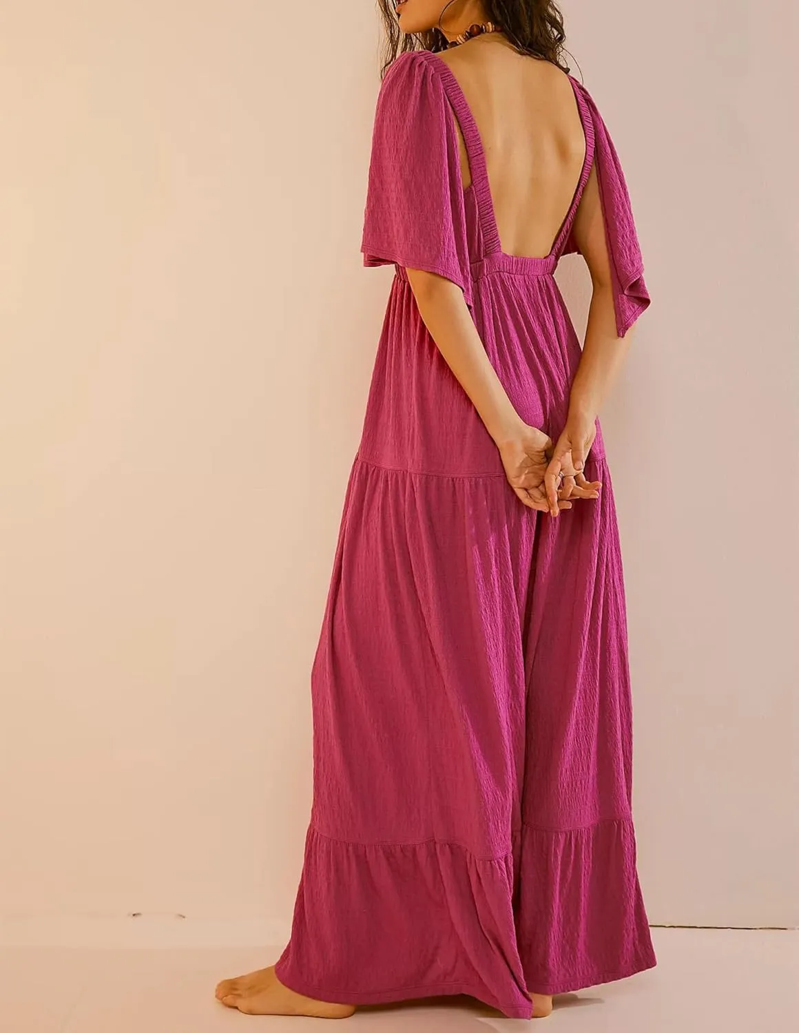 Yuemengxuan Women Summer Dresses Deep V-Neck Backless Maxi Dress Y2K Boho Dress Flowy Beach Vacation Sundresses
