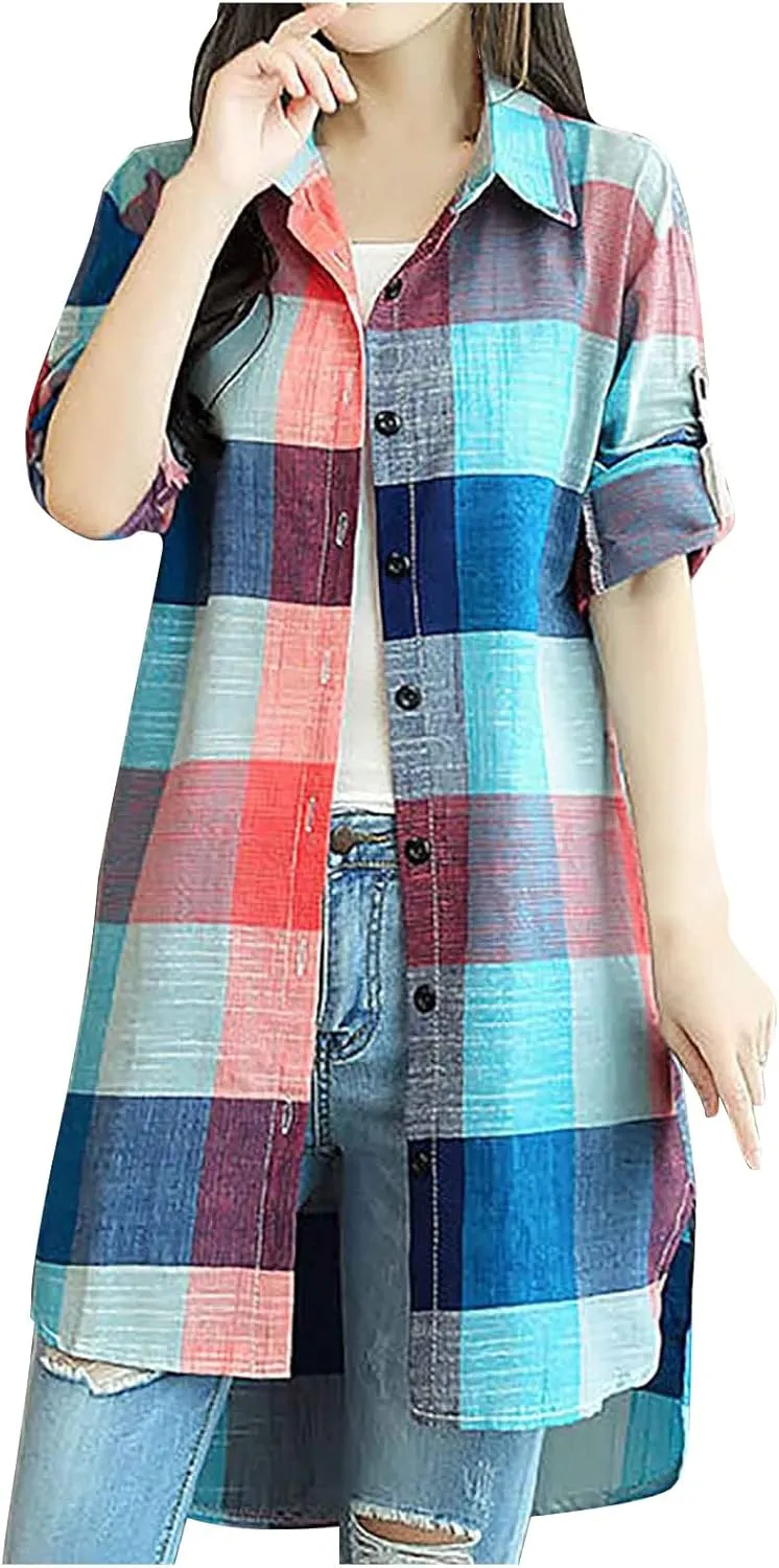 YUTANRAL Long Sleeve Shirts for Women Trendy Plaid Printed Button Down Shirts Plus Size Tops Casual Jackets Fall Clothes 2024