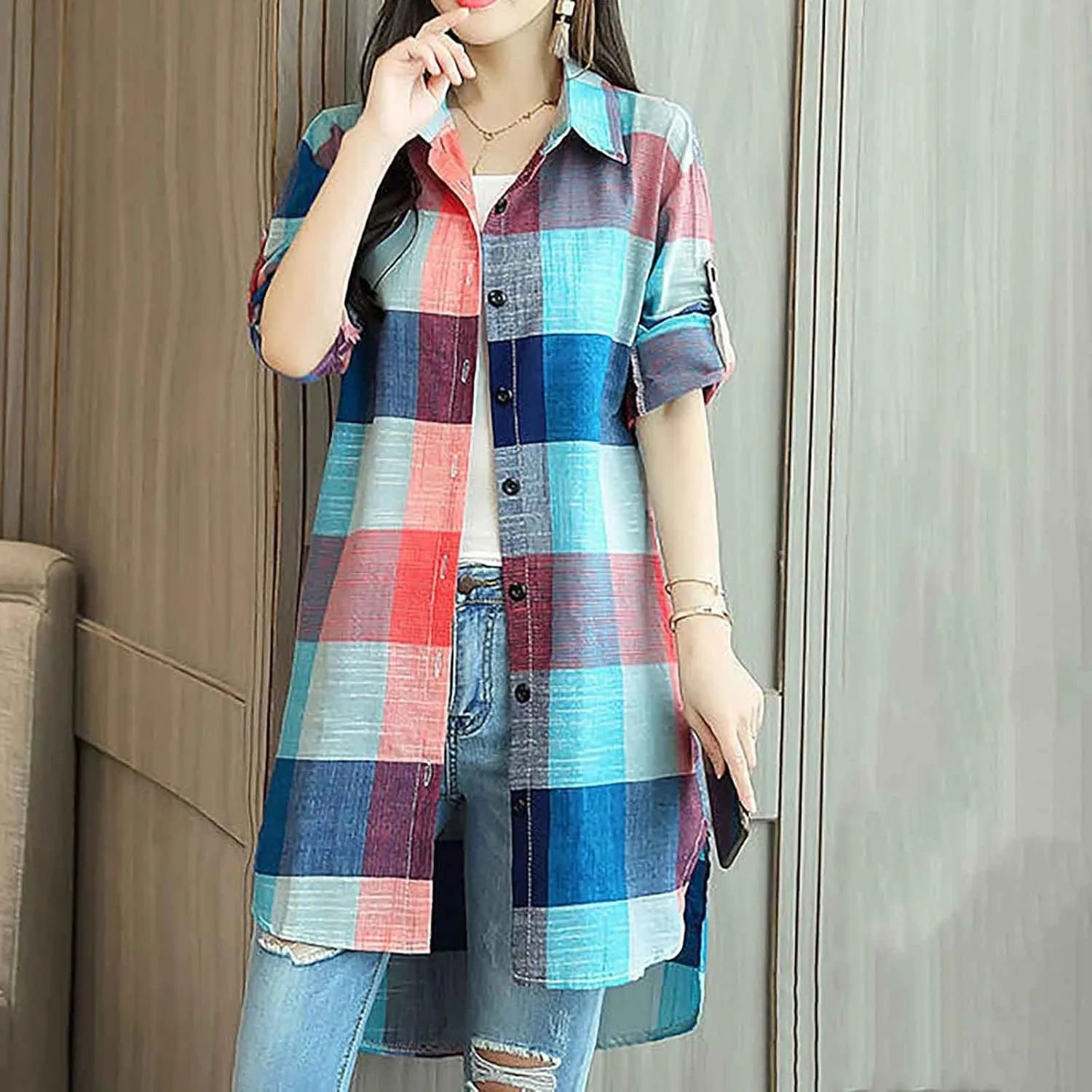 YUTANRAL Long Sleeve Shirts for Women Trendy Plaid Printed Button Down Shirts Plus Size Tops Casual Jackets Fall Clothes 2024