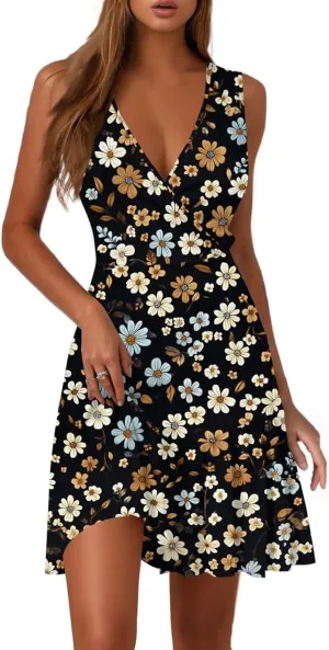 ZEFOTIM Sundresses for Women 2025 Spring Trendy Sleeveless Floral Short Dresses V Neck Pleated Hem Dresses
