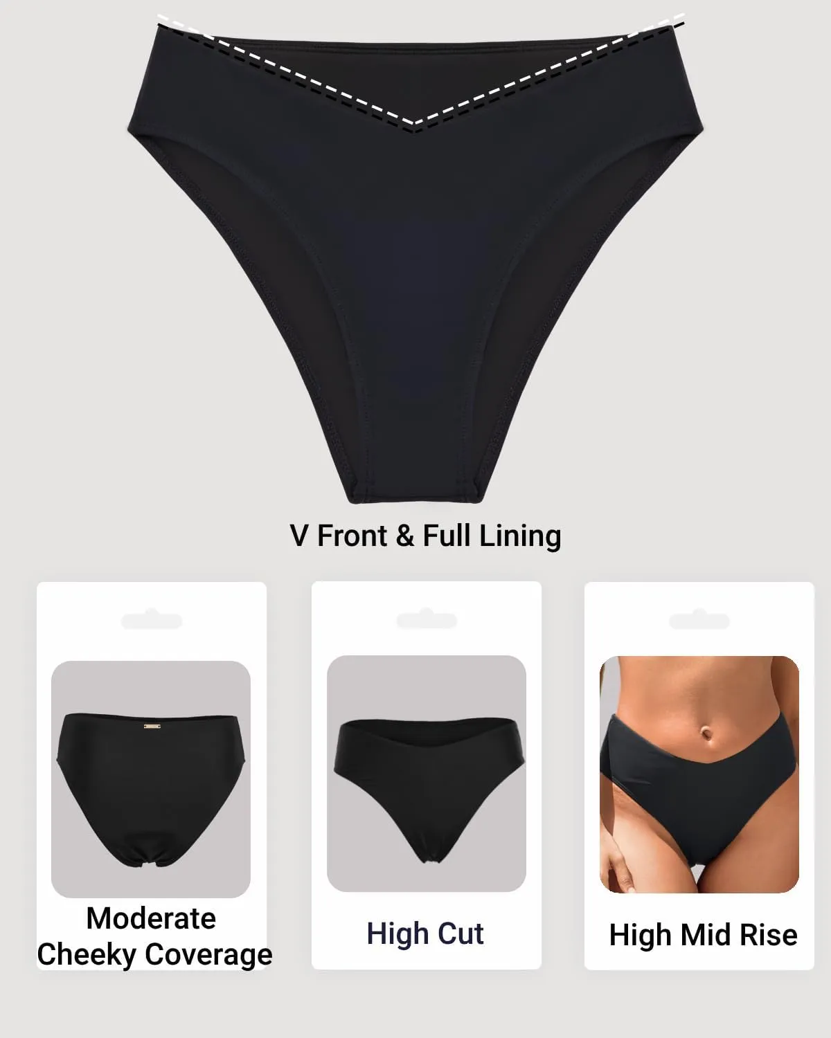 Zmart Women V Cut Cheeky Bikini Bottoms - Mid Waist High Cut Swim Bathing Suit Bottoms V Front Swimsuit