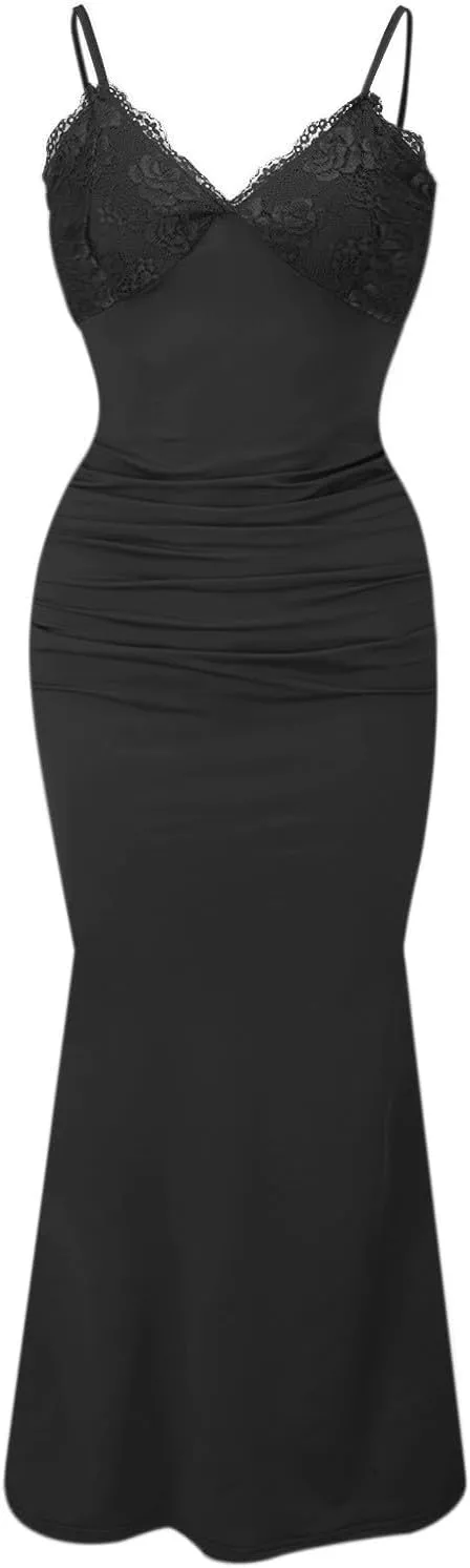 ZYXTIM Women Cami Sexy Maxi Dress Lace V Neck Hollow Out Open Back Bodycon Long Dresses Trendy Club Evening Party Prom Dress