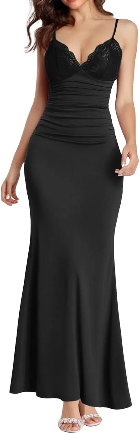 ZYXTIM Women Cami Sexy Maxi Dress Lace V Neck Hollow Out Open Back Bodycon Long Dresses Trendy Club Evening Party Prom Dress