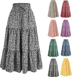 ZYXTIM Women's 2025 Bohemian Long Skirts Tiered Elastic High Waisted Summer Floral Maxi Skirt Vacation Flowy Swing Sundress