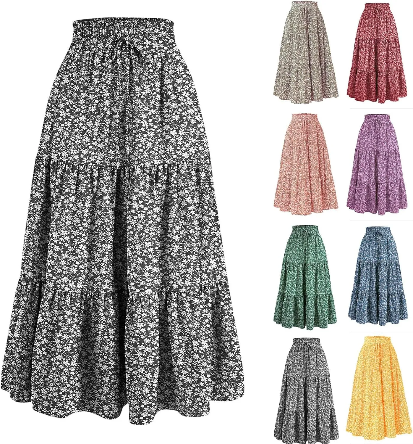 ZYXTIM Women's 2025 Bohemian Long Skirts Tiered Elastic High Waisted Summer Floral Maxi Skirt Vacation Flowy Swing Sundress